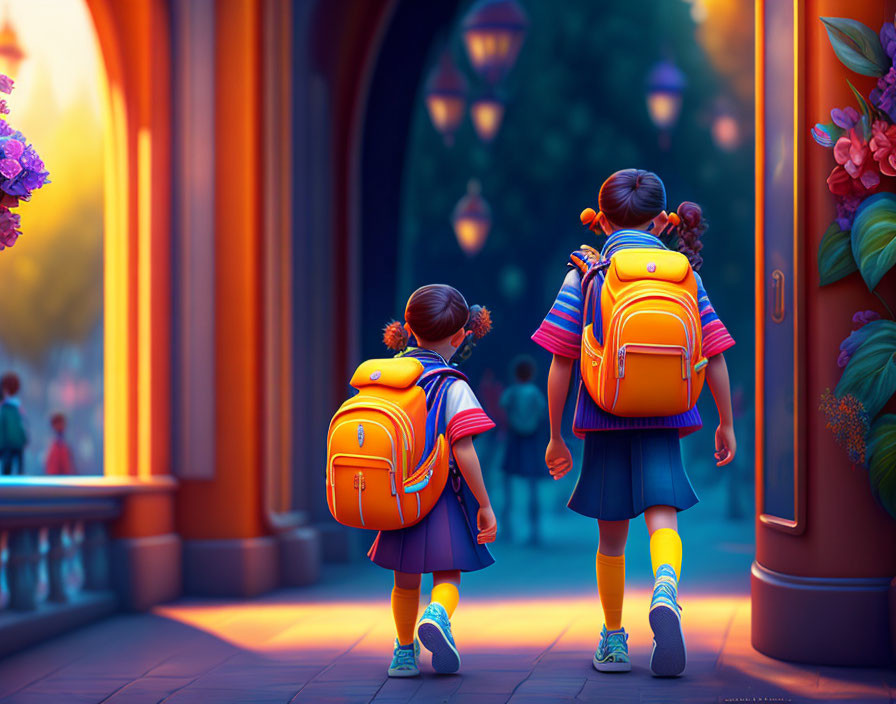 Children with backpacks walking through colorful corridor towards shadowed area with people.