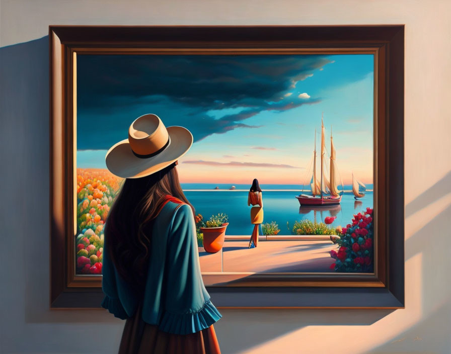 Woman in wide-brimmed hat gazes at seascape through window frame with sailboats.