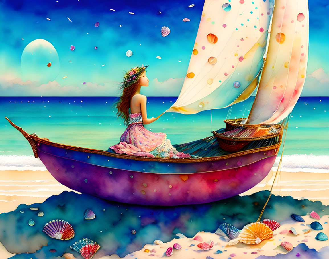 Woman in floral dress on whimsical boat in starry beach scene