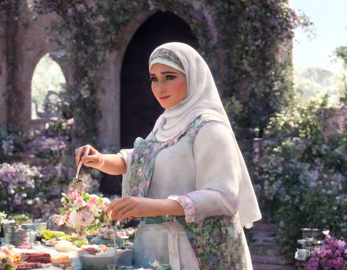 Woman in hijab arranging flowers at table with bouquets and archway