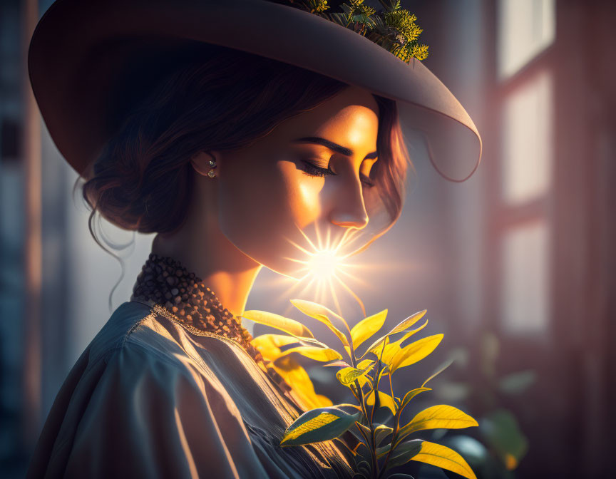 Woman in Wide-Brimmed Hat Observing Glowing Plant in Sunlight