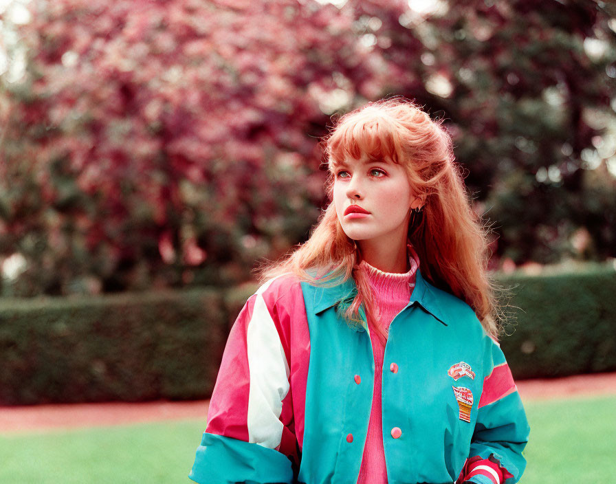 Young woman in colorful jacket and pink turtleneck gazes thoughtfully in park.