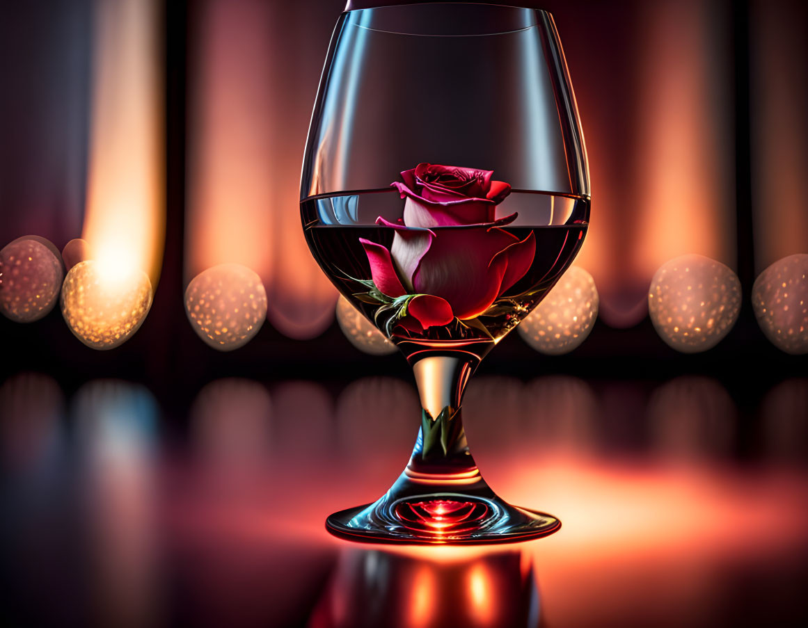 Red rose in wine glass with soft glowing lights and warm red backdrop