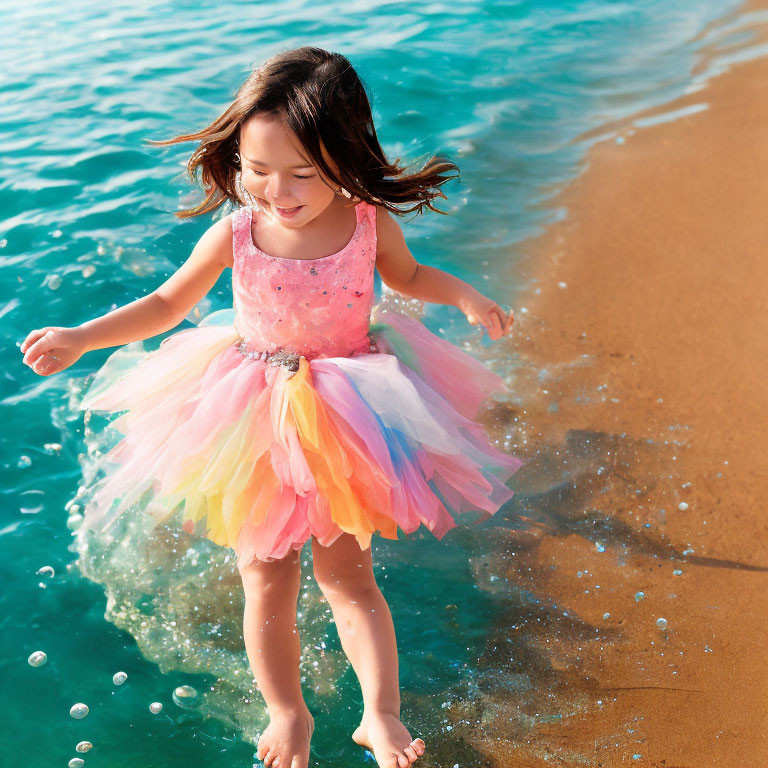 Young girl in colorful tutu playing at water's edge on sunny beach