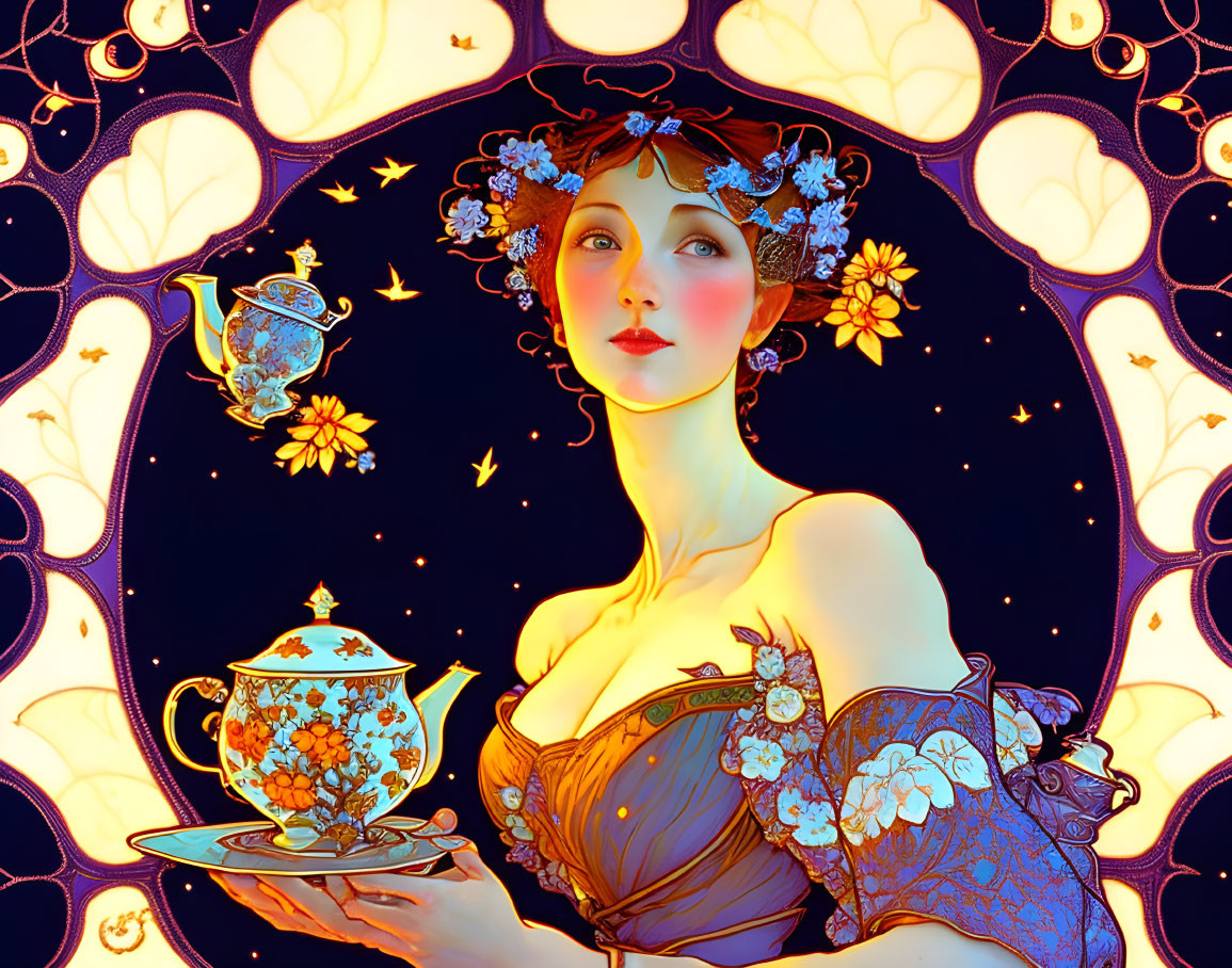 Illustration of a woman with red hair holding a teacup in Art Nouveau style