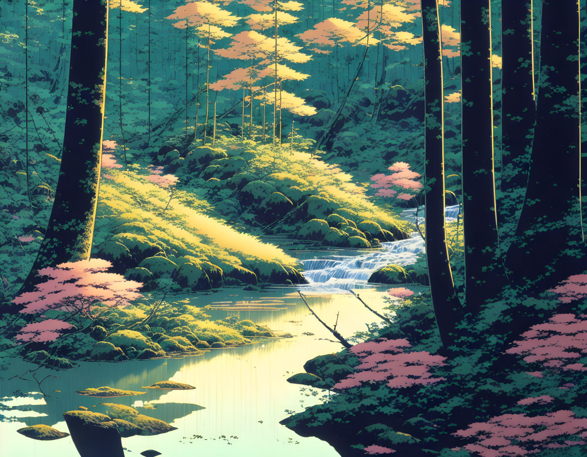 Tranquil forest scene with sunbeams, mossy rocks, stream, and pink-leaf