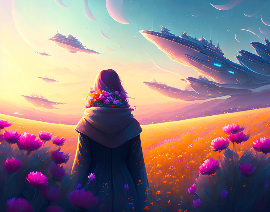 Person in vibrant flower field watching alien ships in sunset sky.