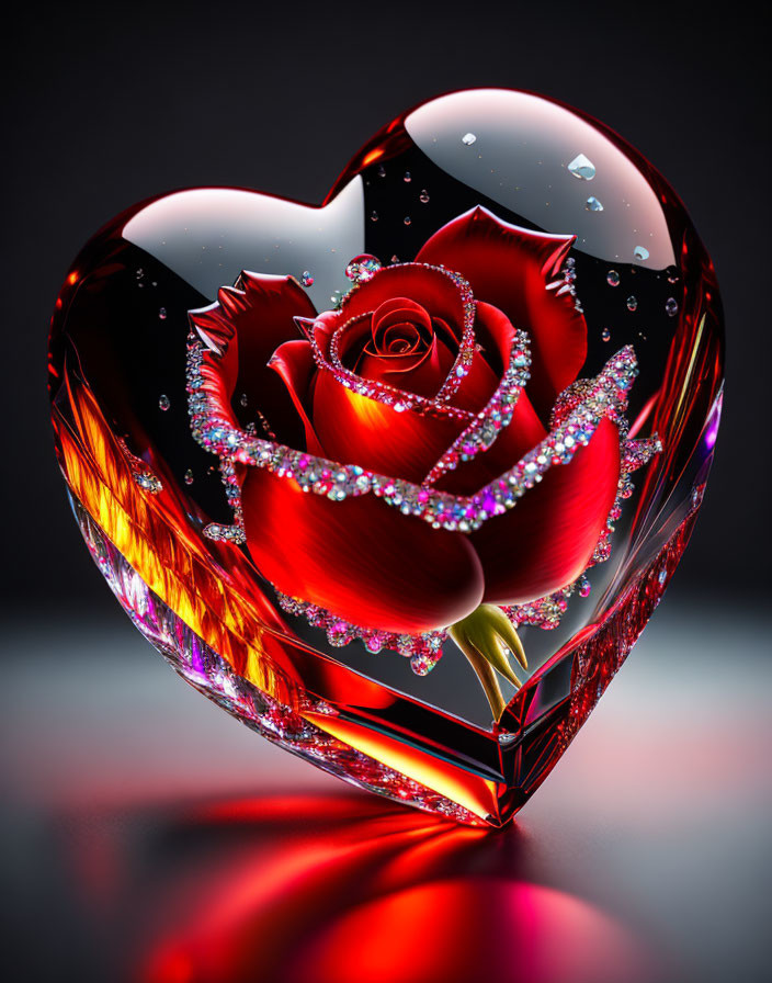 Glass heart with red rose, water droplets, fiery streaks, and glittering ornaments on reflective