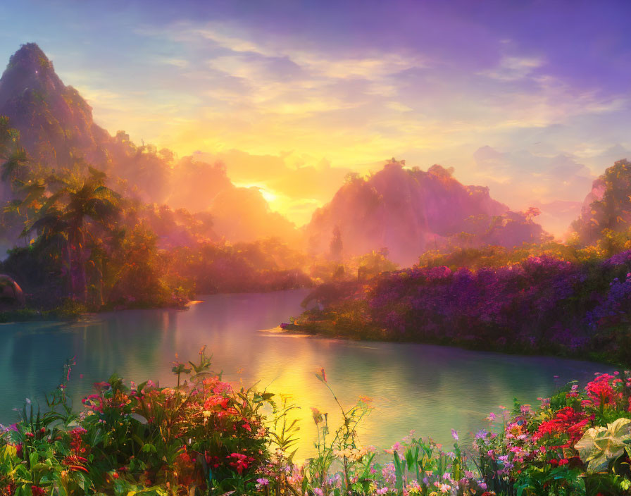 Scenic sunrise landscape with mist, lush greenery, colorful flowers, serene river, and ethereal