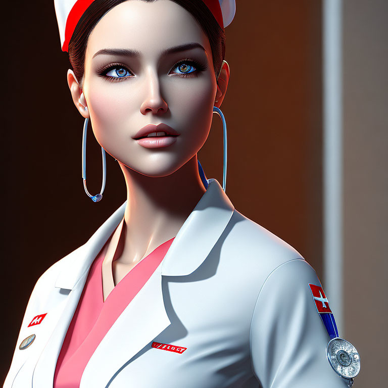 Digital artwork of nurse with blue eyes in white uniform and red accents