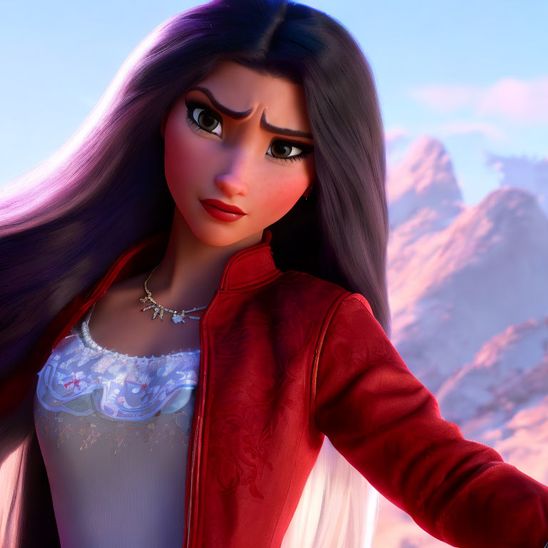 Detailed close-up of animated female character with flowing purple hair and red jacket over white dress