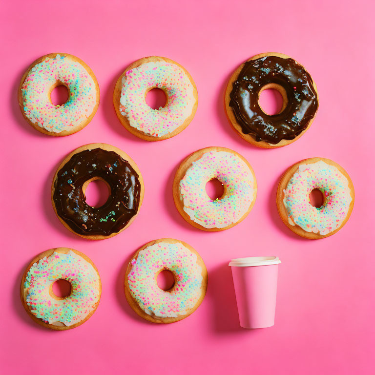 Assorted donuts with colorful sprinkles and coffee cup on pink background