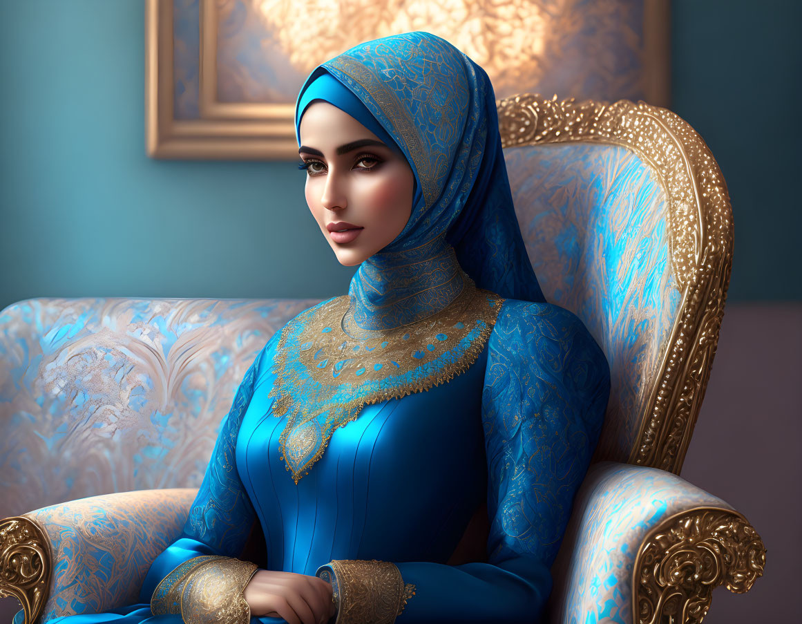 Elegant Woman in Blue Hijab on Classic Sofa