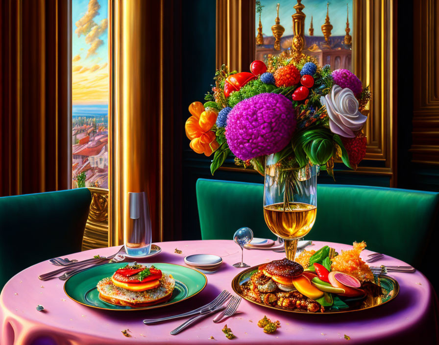 Luxurious Table Setting with Floral Arrangement, Gourmet Salmon, and Caviar Pancake