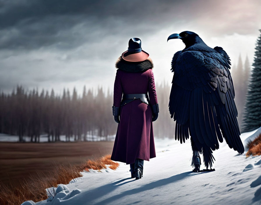 Person in Purple Coat Walking with Raven in Snowy Forest