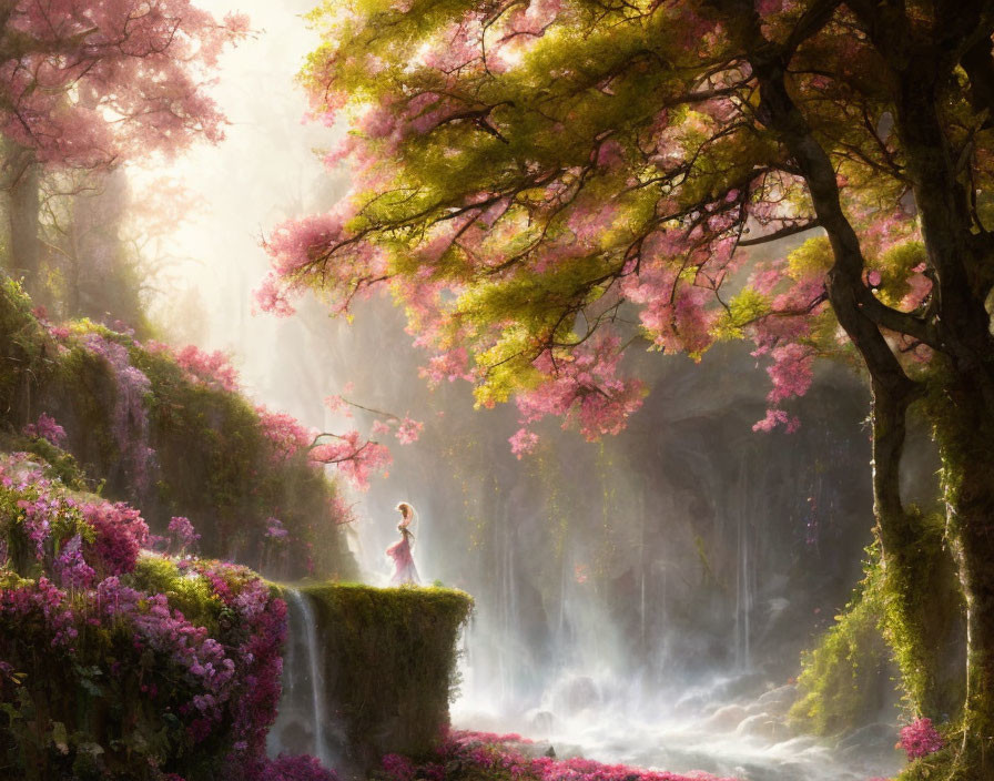 Tranquil Cherry Blossom Landscape with Waterfalls and Greenery