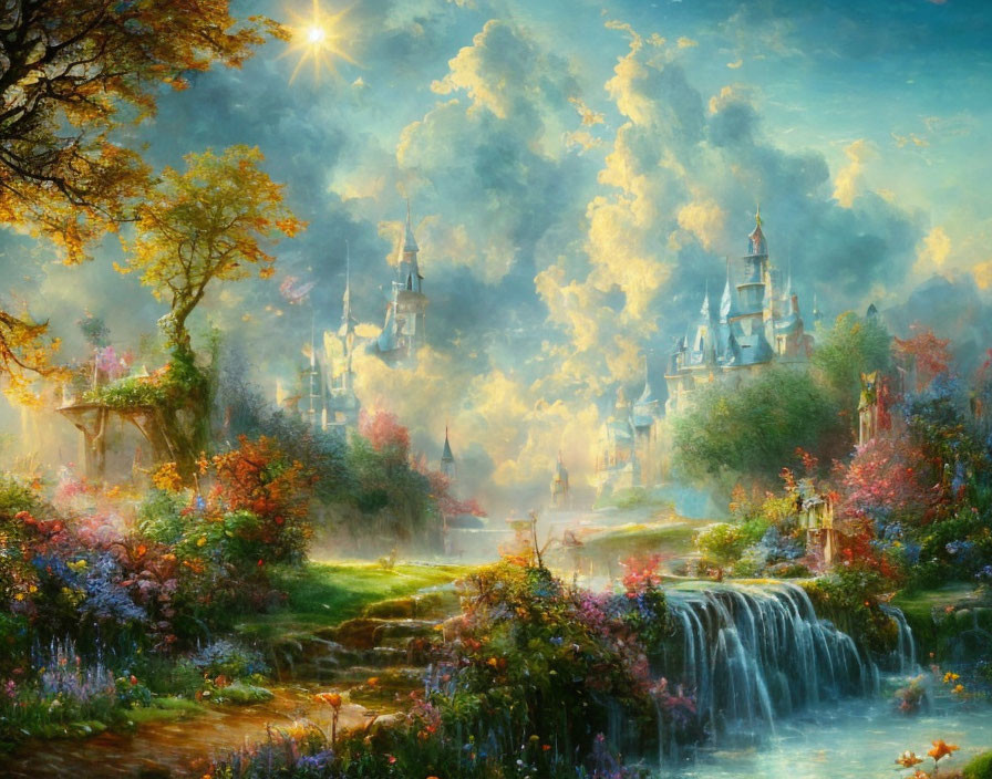 Ethereal landscape painting: lush gardens, waterfalls, fairy-tale castles under radiant sun