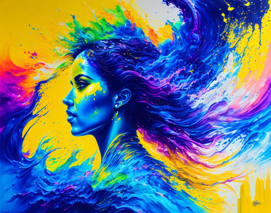 Colorful portrait of woman with hair merging into cosmic swirl