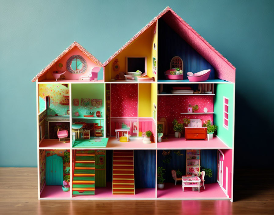 Detailed Cutaway View of Colorful Dollhouse with Furnished Rooms