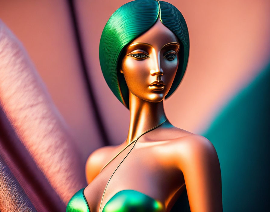 Metallic Female Mannequin with Green Hair on Pink and Teal Background