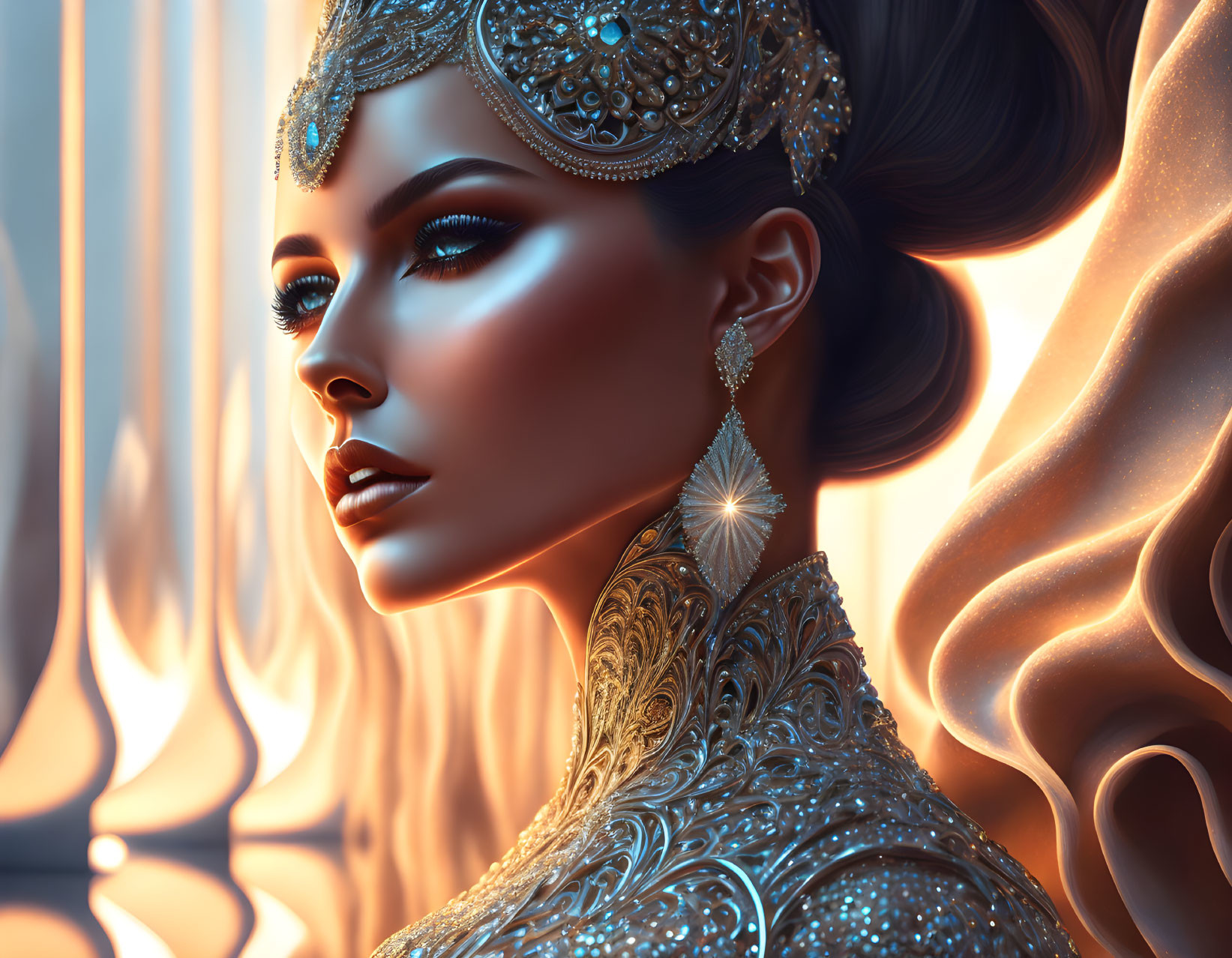 Detailed Digital Artwork: Woman with Intricate Jewelry and Headpiece