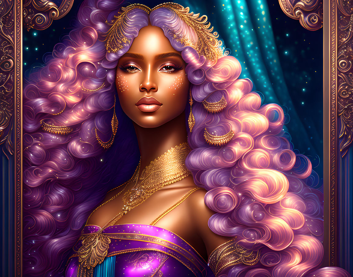 Ethereal woman with purple hair and golden jewelry in celestial illustration