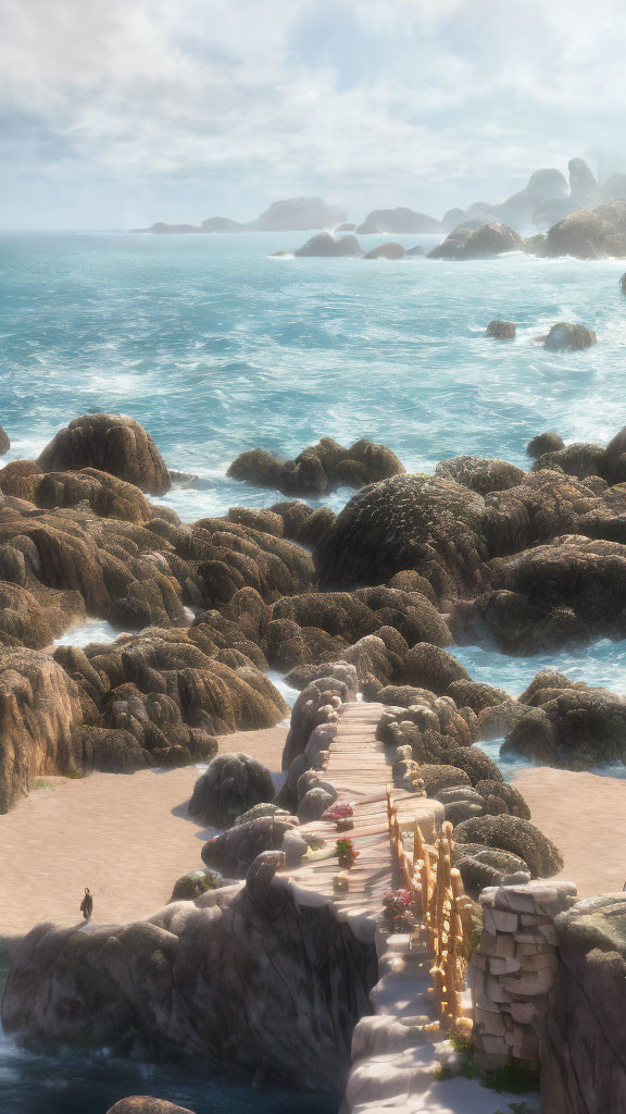 Tranquil coastal landscape with stone pathway, traditional gate, person on beach, and sunlit rocky