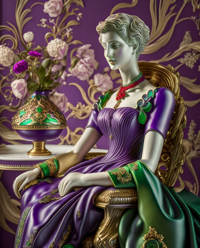 Illustrated woman in purple dress sitting on chair with lamp and floral wallpaper.