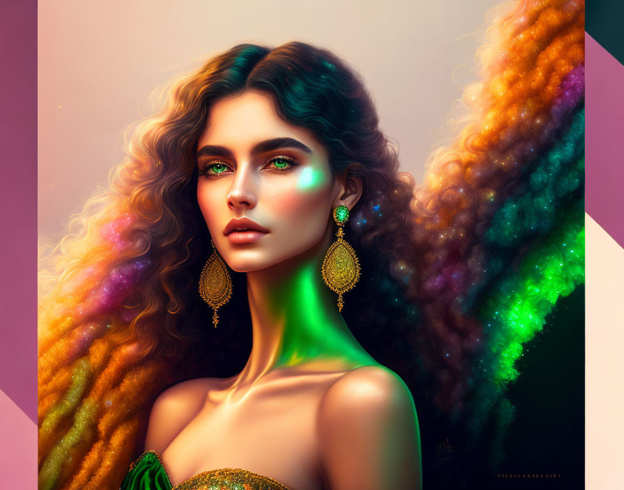 Vibrant green-eyed woman with curly hair on cosmic background