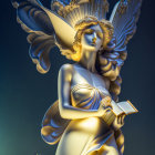 Intricate fairy statue playing lyre among flowers on starry backdrop