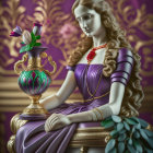 Illustrated woman in purple dress sitting on chair with lamp and floral wallpaper.