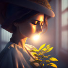 Woman in Wide-Brimmed Hat Observing Glowing Plant in Sunlight