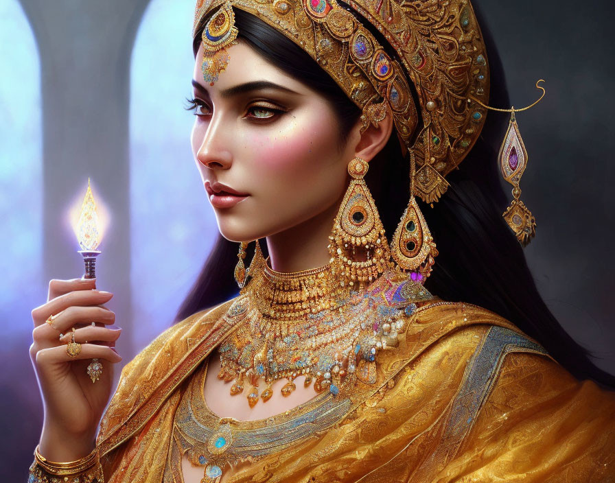 Digital art portrait of woman in ornate attire with lit candle