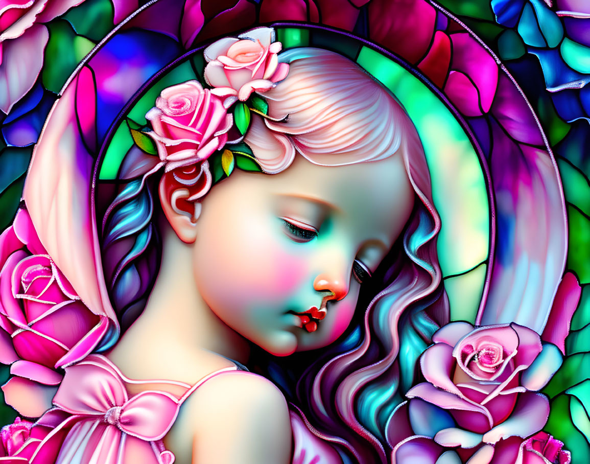 Colorful digital artwork: Girl with roses in hair on floral stained glass background