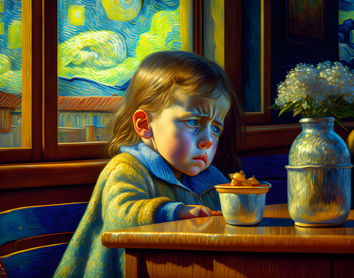 Upset child at table with food against Van Gogh's Starry Night backdrop