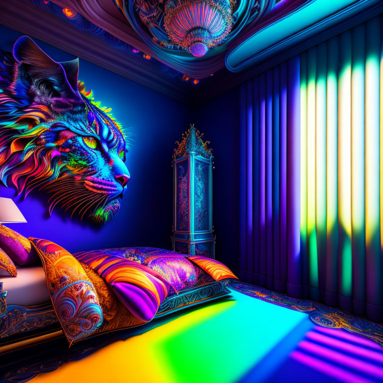 Colorful Bedroom with Tiger Mural, Psychedelic Beddings, and Rainbow Light