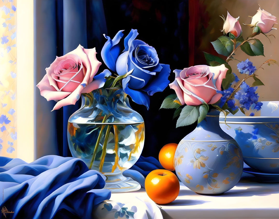 Still-life painting: Blue and pink roses, oranges, delicate flowers, and draped fabric on windowsill