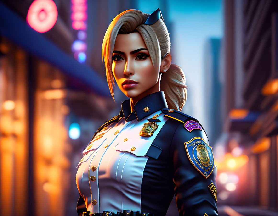 Blonde female police officer illustration with cat-ear headband in neon cityscape