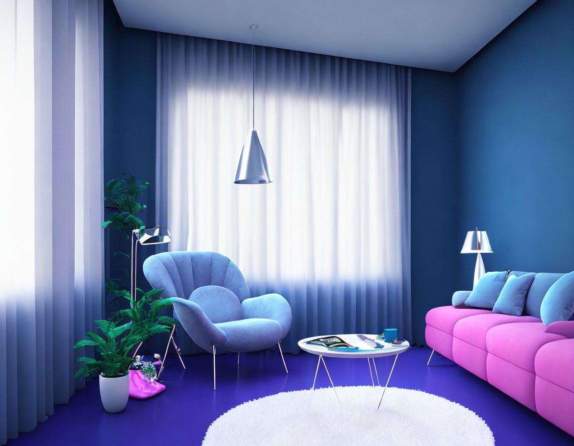 Contemporary living room with blue armchair, pink sofa, white curtains, pendant light, round table