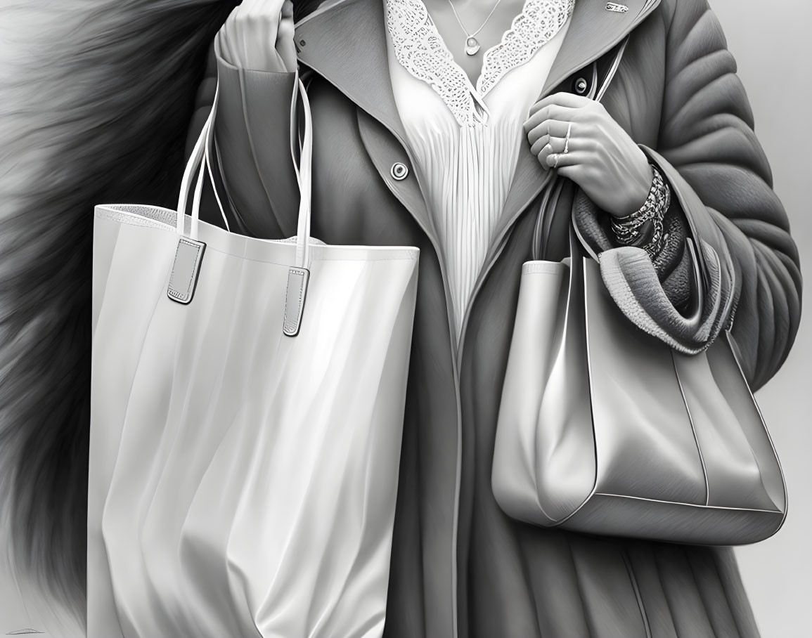 Monochrome image of elegant person with coat, jacket, and stylish handbags.