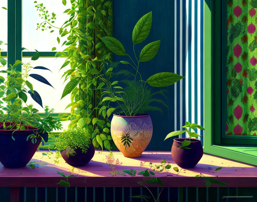 Colorful Plant Pots on Wooden Window Ledge with Green Curtains