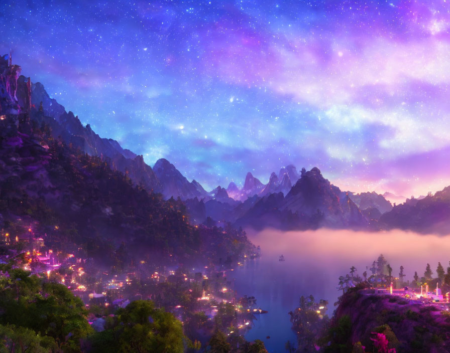 Fantasy landscape with illuminated buildings in forested mountains under starry night sky