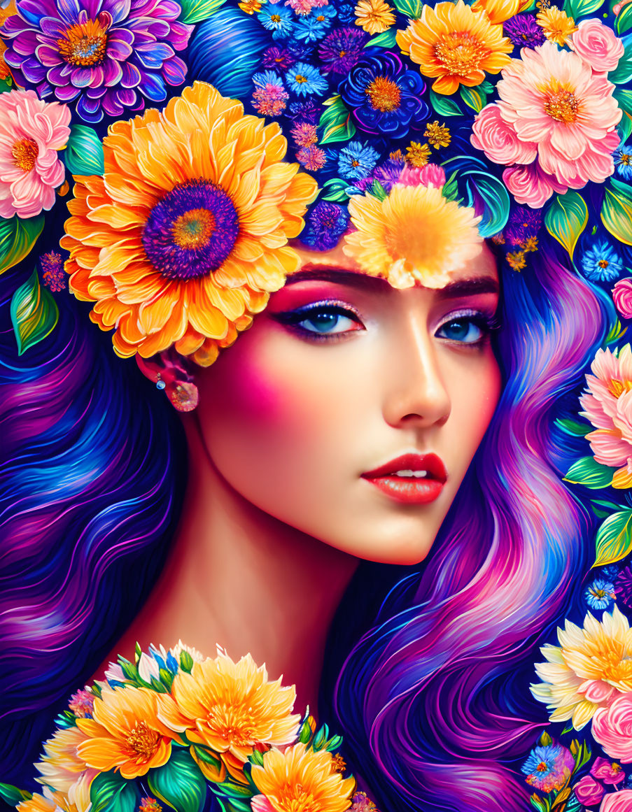 Colorful Illustration: Woman with Purple Hair and Flower Adornments