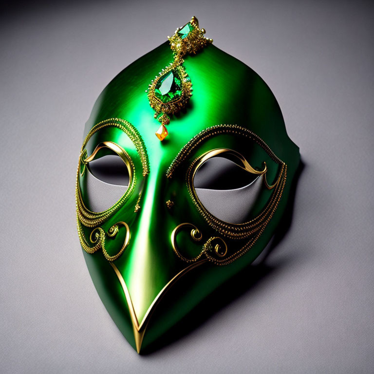 Green Venetian Mask with Golden Embellishments and Central Gem on Grey Background