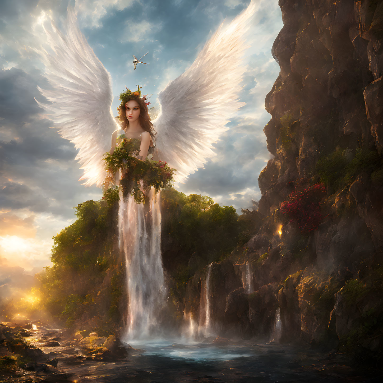 Celestial entity with white wings near waterfall in sunlight