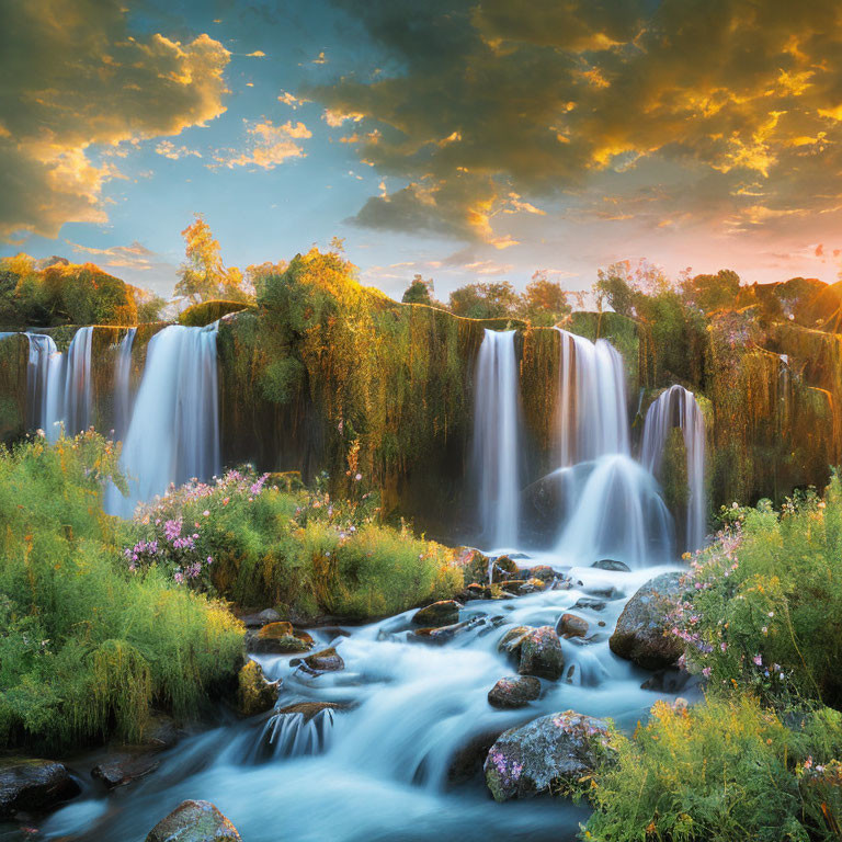 Scenic sunset waterfall over lush cliff surrounded by greenery