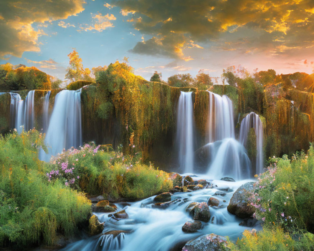 Scenic sunset waterfall over lush cliff surrounded by greenery