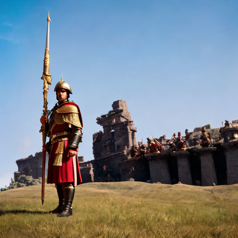 Roman soldier in traditional armor with spear at ancient ruins