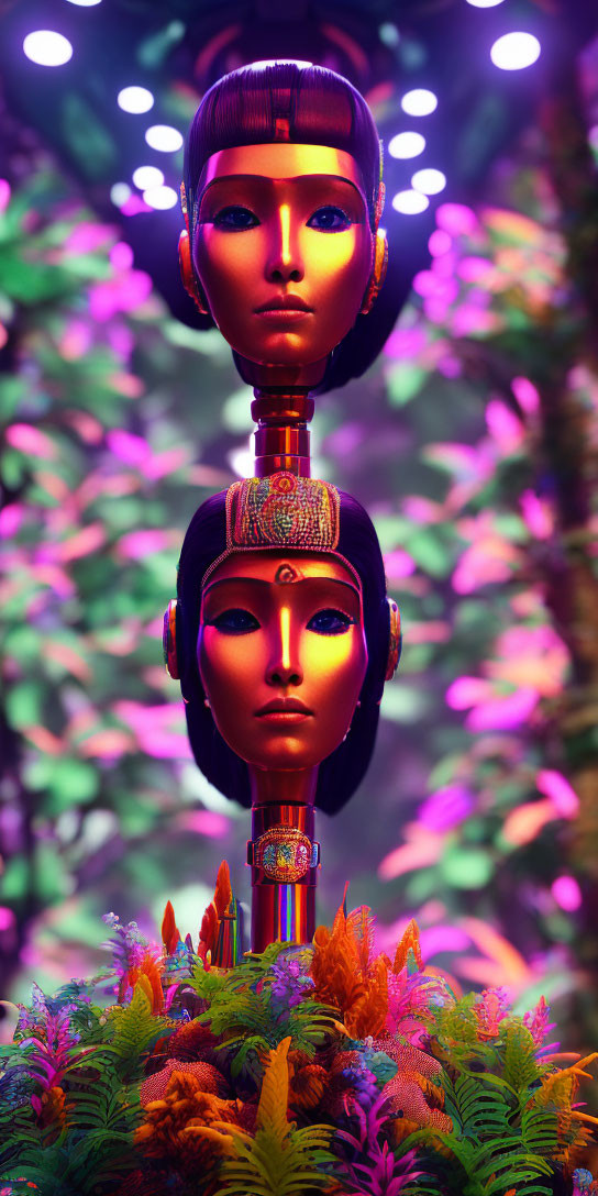 Egyptian-Style Robotic Heads on Colorful Foliage with Vibrant Background