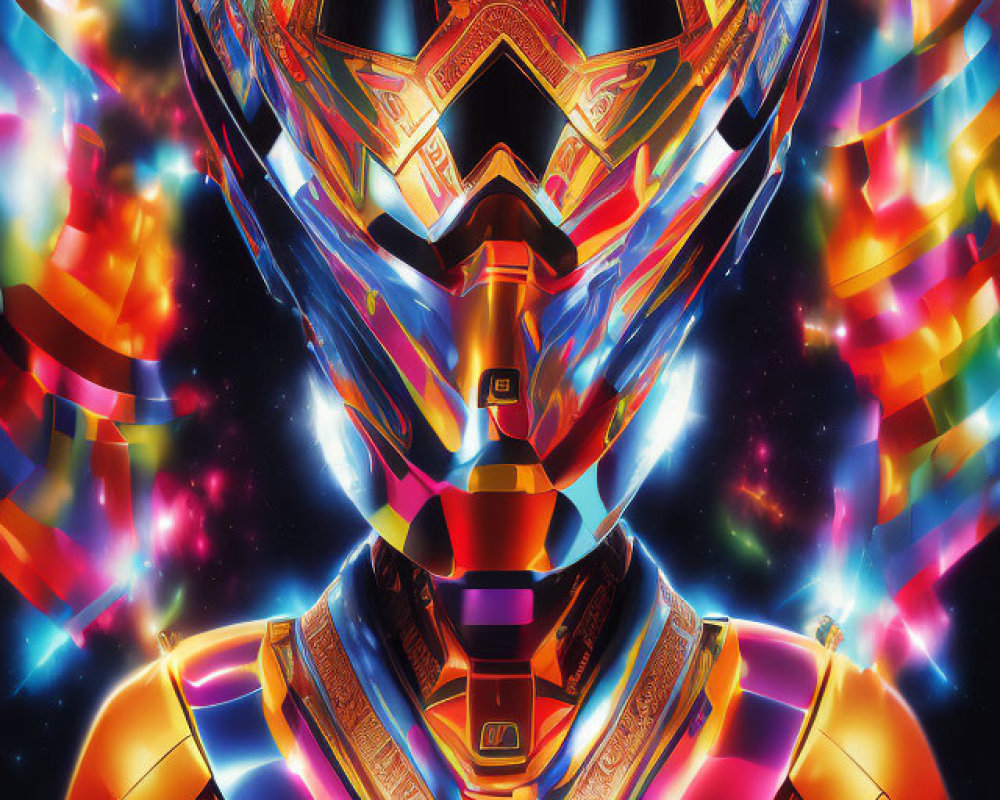 Futuristic armored figure in vibrant digital art piece